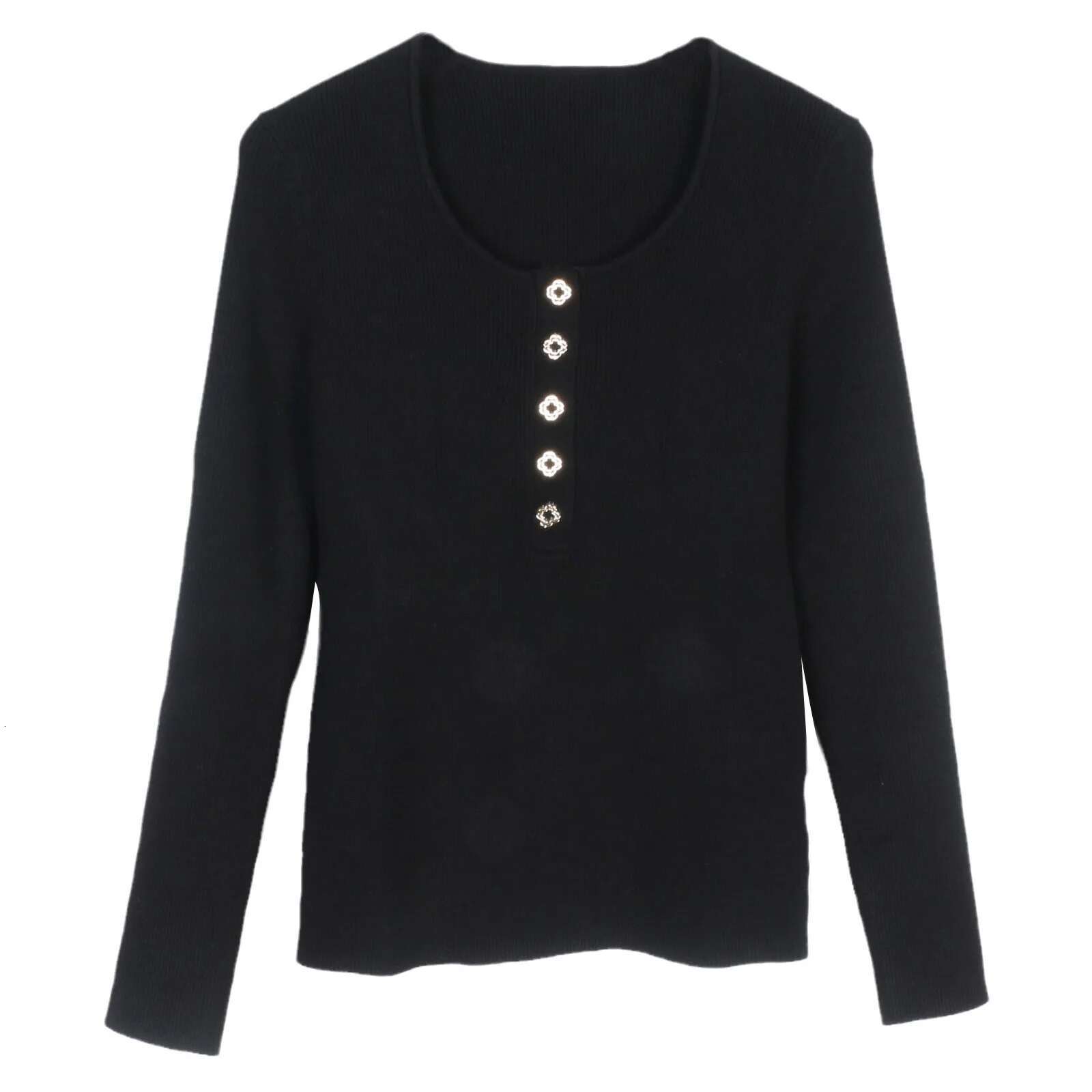 2025 Spring New Female U-Neck Ribbed Knitwear Pullover Tops Women French Fashion Black Knitted Sweater With Buttons C285