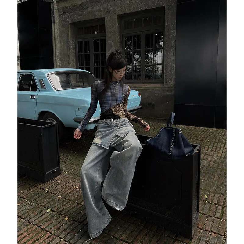 2024 Summer Women's Casual Blue Haruku Jeans Vintage Loose Fit Washed Pants Y2k Wide Leg Punk Baggy Pockets Denim Trouser