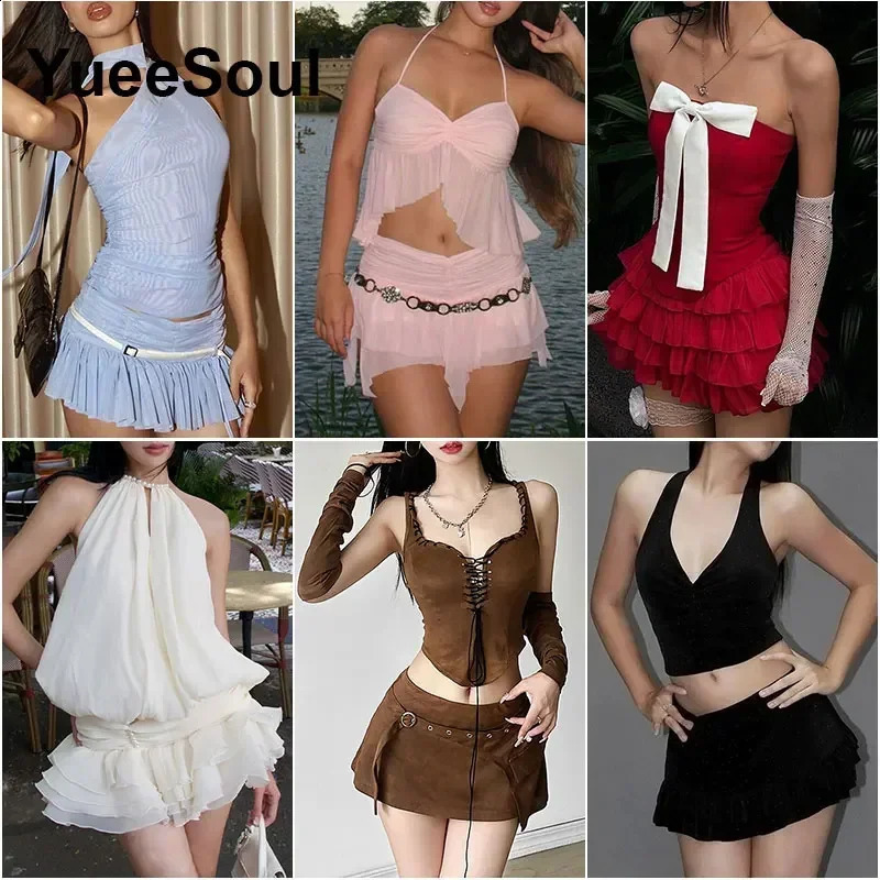 Sets for Women 2 Pieces Crop Tops Mini Skirts Y2K Outfit 2025 Sweet Cute High Street Sexy Party Beach Womens Two Pieces Set 250306