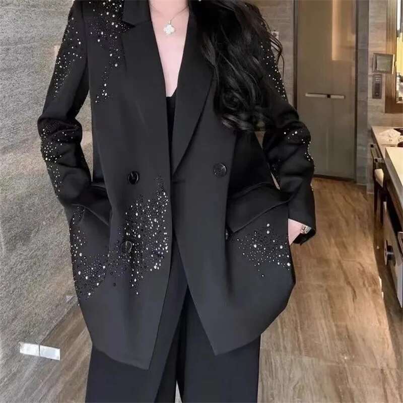 High-Grade Rhie Black Small Suit Jacket Female 2025 Spring And Autumn New Double-Breasted Loose Casual Fashion Blazer Top