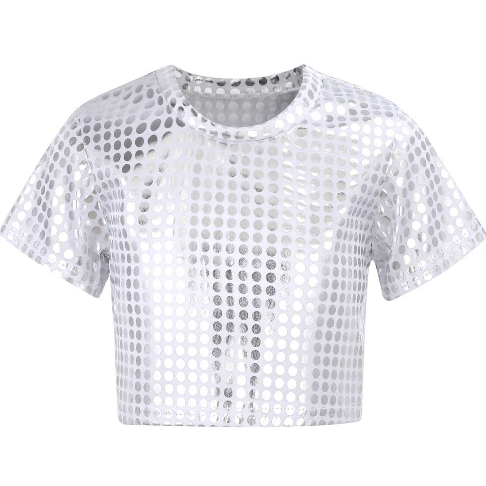 Jazz Dance Costumes Kids Boys Girls Shiny Sequins Short Sleeve Solid Color T-shirt Crop Tops Street Dance Stage Performance WearT250306
