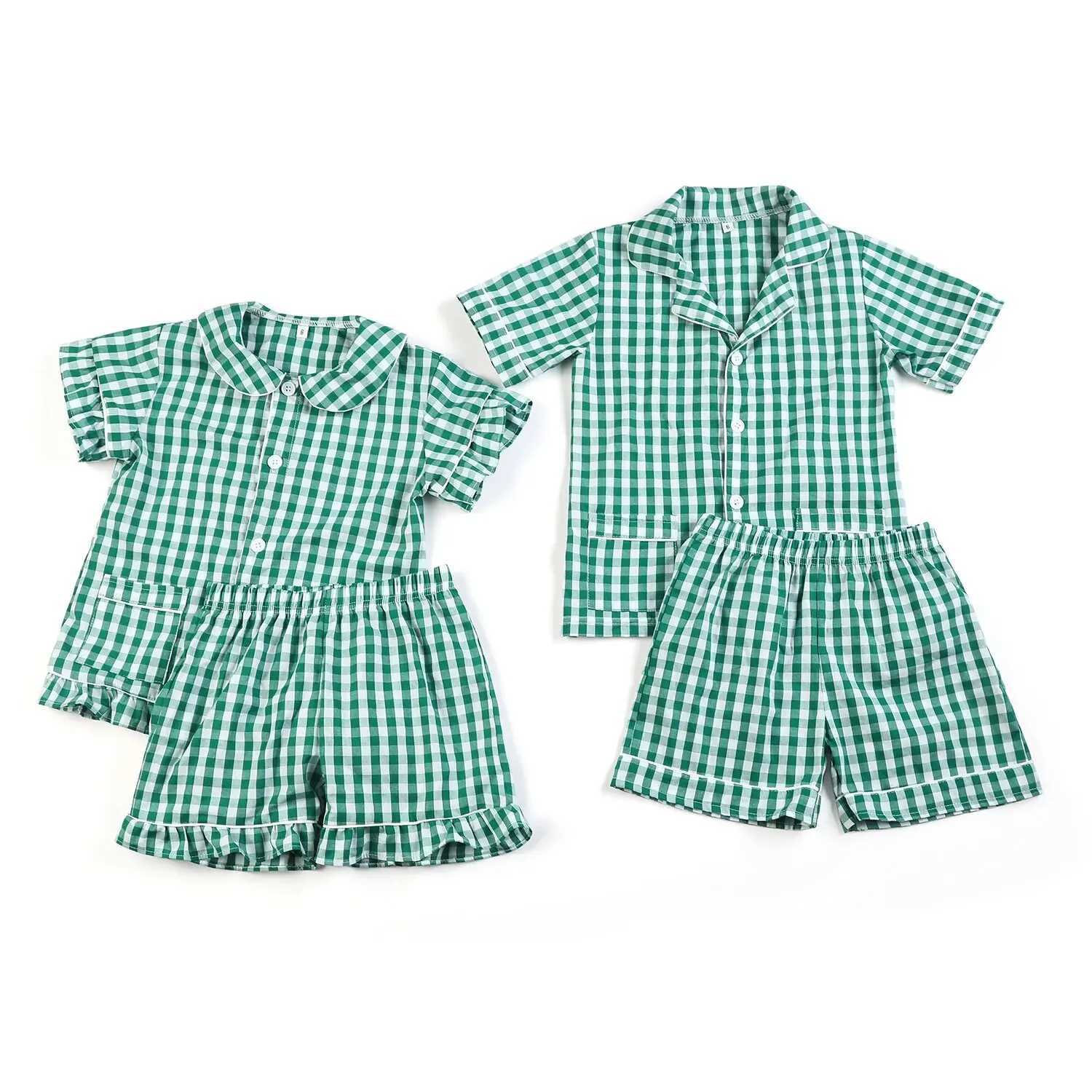1-12 Years Kids Pajamas 100% Cotton Plaid Seersucker Soft Sibling Outfits Pjs Loungewear Baby Boys Girls Pajamas Sets M250306