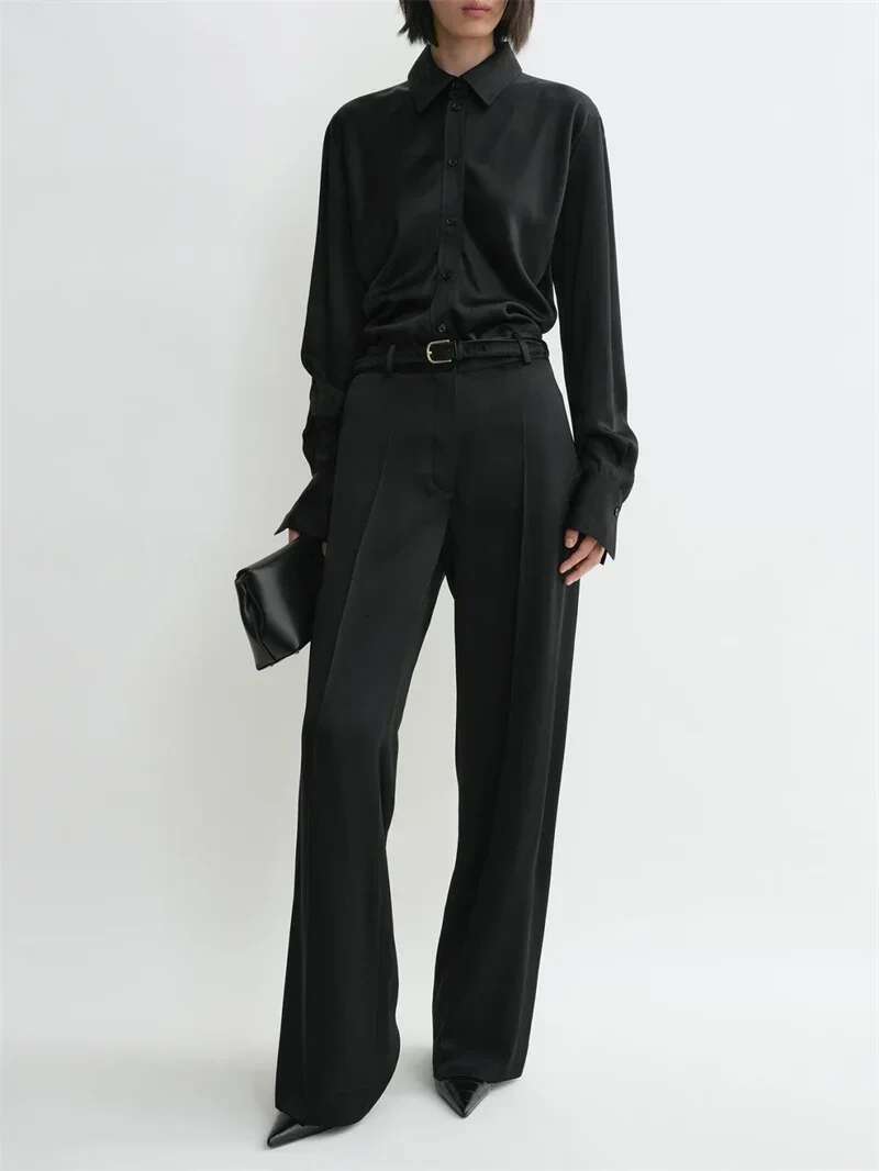 Women Slit Satin Straight Pants Commuting Solid Color Casual Lady Long Trousers 2025 Spring Summer New