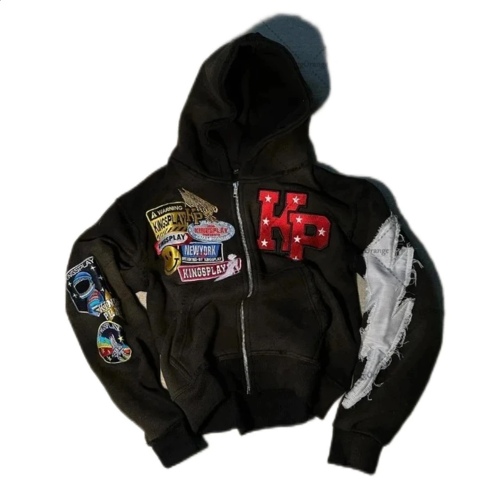 Y2k Autumn Retro Patchwork Letter Hoodie American Colorful High Street Hip-hop Casual Oversize Sweatshirt Zip Up Hoodie 250305