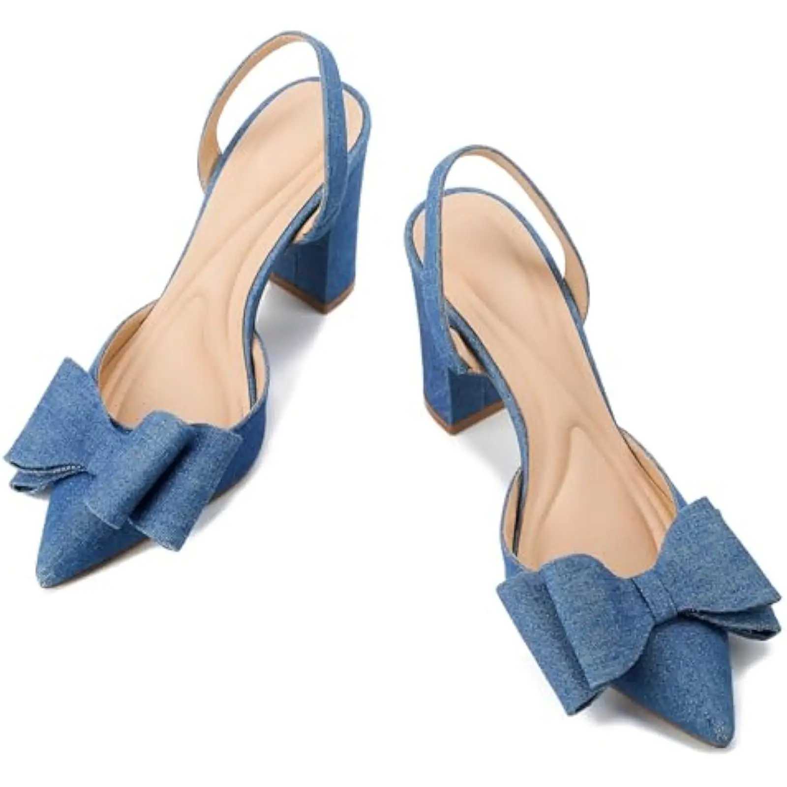 Wens Denim Chunky Heel Sandals Elegant Blue Bow Slingback with Closed Pointed Toe Slip- High H for Dressy Occasis Y250306