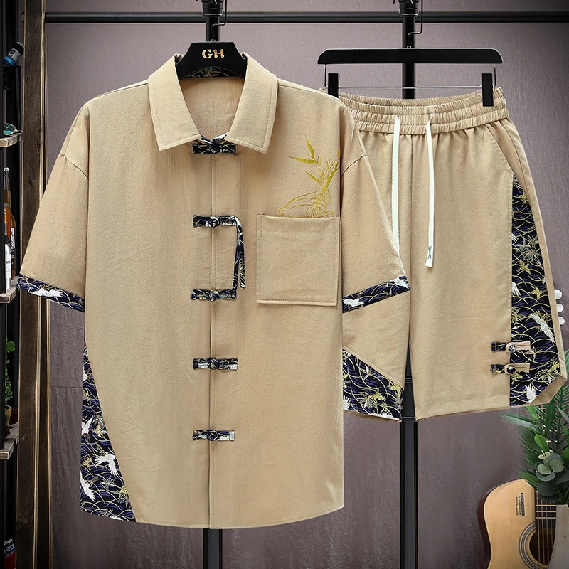 Summer Sets Men Fashion Print Short Sleeved Shirt Shorts Twopiece Chinese style Loose Set Mens 250305
