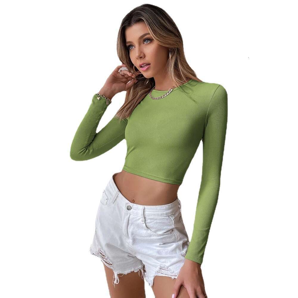 Women's Sexy Open Back Casual Short Fit Knitted Long Sleeved T-Shirt Top Bottom For Outwear KLMY