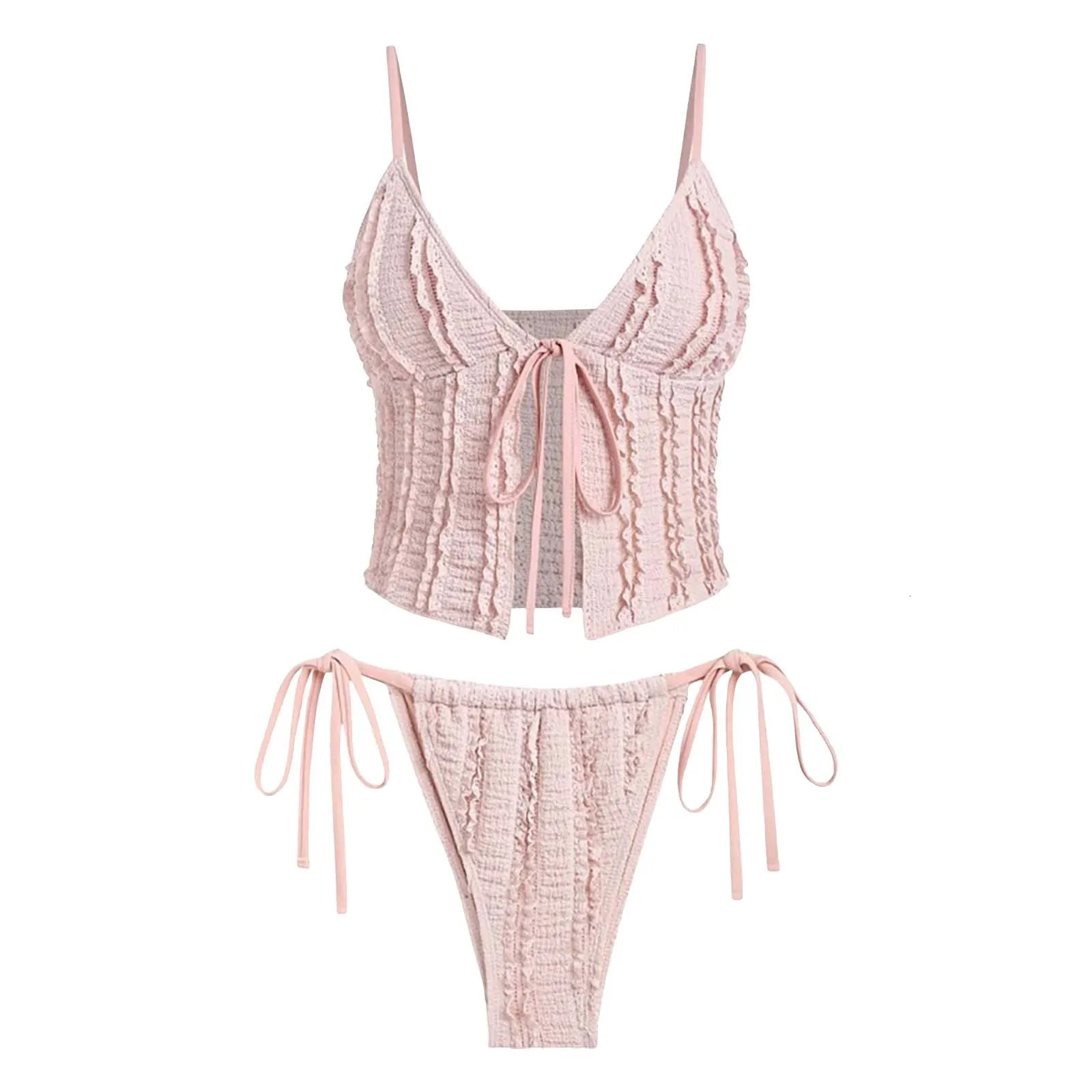 Ruffled Trim Textured Women Swimsuit Side Tie TwoPiece Swimwear Ladies Bathing Suit Solid Color Female Beachwear 250306