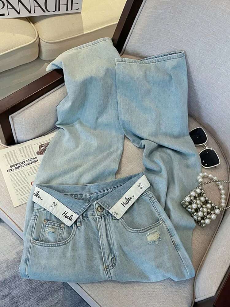 Casual Letter Jeans Women Street Chic Loose Flanging Denim Pants Female Spring High Waist Straight New Wide Leg Trousers Lady