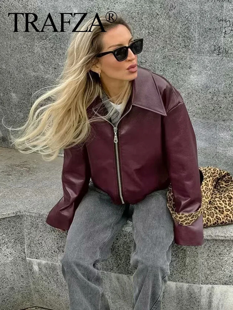 TRAFZA Women Fashion Bury Faux Leather Jackets Casual Lapel Long Sleeves Coat Zipper Autumn Female High Street Outerwear 250228