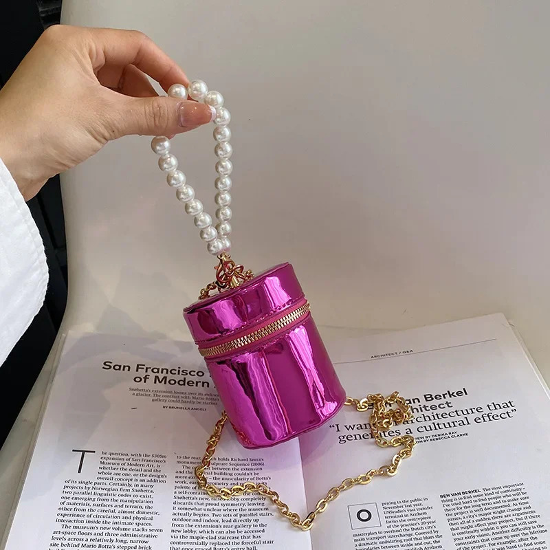 Silver Gold PU Shiny Mini Chain Shoulder Crossbody Bag for Women Portable Cylindrical Key Lipstick Bag Cosmetic Makeup Pouch 250306