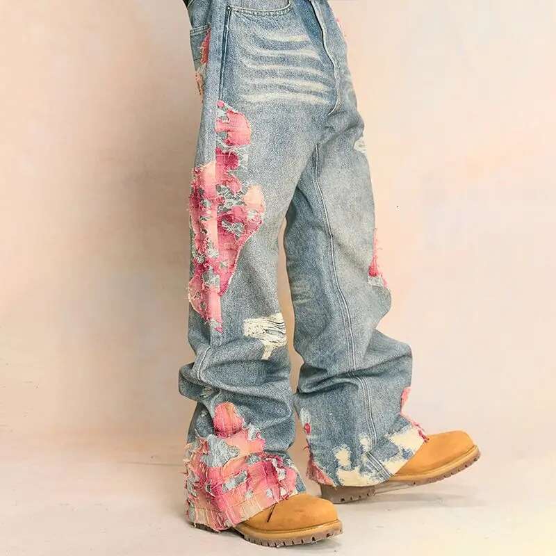 Retro Ripped Print Contrast Patchwork Wash Straight Women Y2k Street Hip Hop Loose Fashion Trend High Waist Wide Leg Jeans