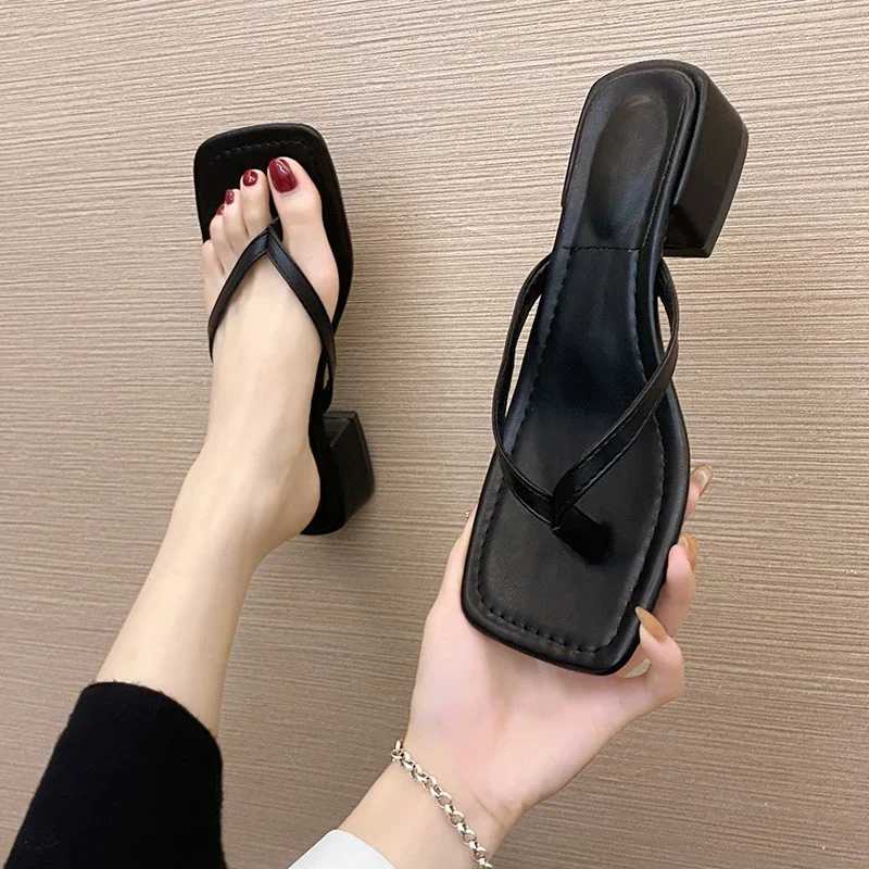 Wens Flip Flops 2024 New Summer Square Toe Chunky High Heel Slippers for Wen Fi Trend Casual Sandals Shoes Women Y250306