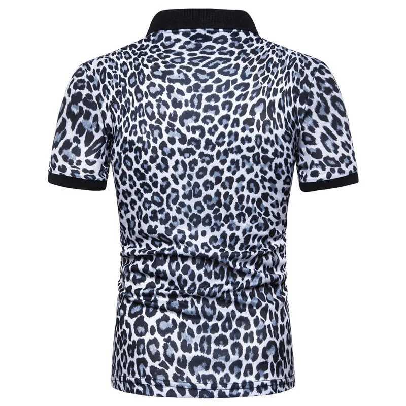 Fashion New Summer Casual T Shirt Men Short Sleeve Turn Down Collar Slim Fit Shirt Sexy leopard print polo shirt X250306