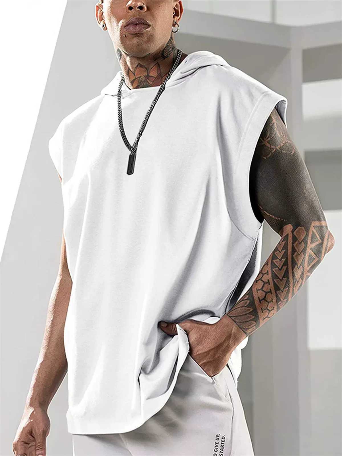 Mens Vest Fashion New Sports Hooded Loose Solid Color Summer Breathable Trend Casual Youth Sleeveless T-shirt TopsT250318