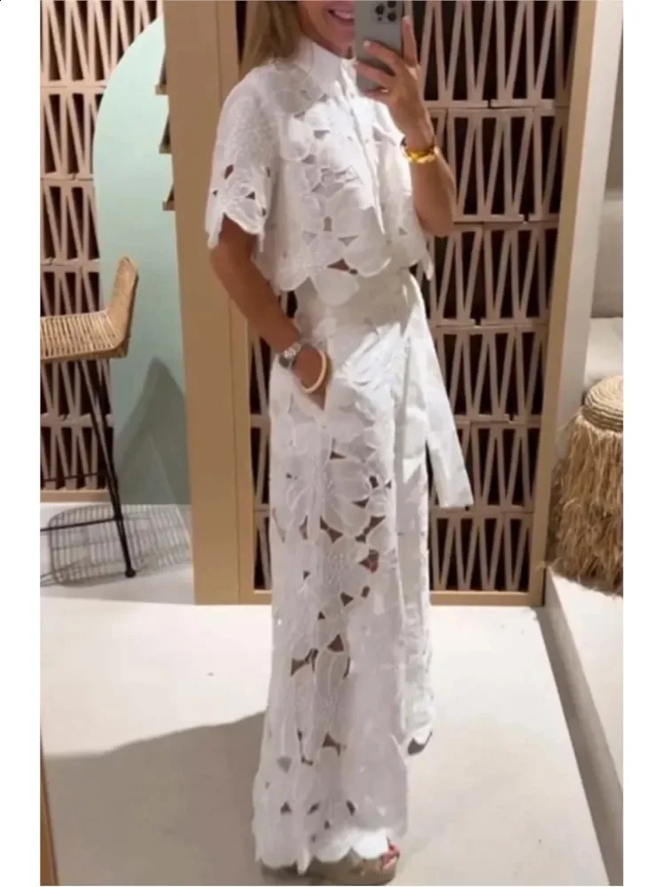 Women Sexy Lace Hollow Hook Flower Shirt Top Wide-leg Pants 2-piece Set Women Outfits Fashion Solid Elegant Casual Sets 250303