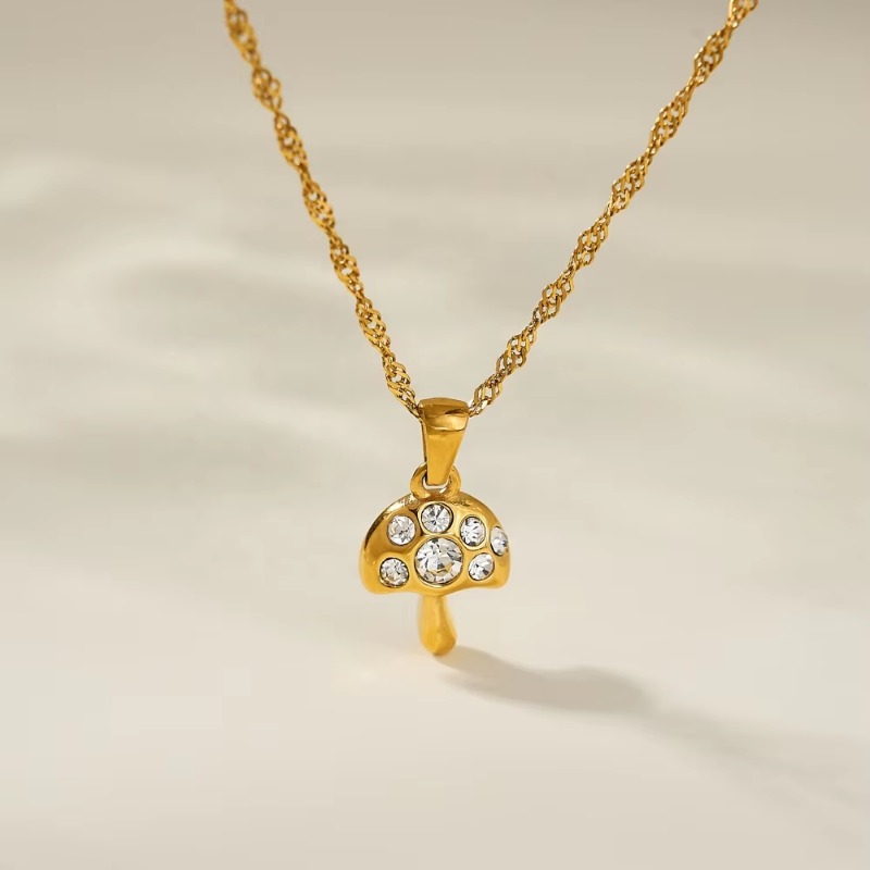 Jewellery 18K Gold Plated Tarnish Free Bohemia Stainless Steel Snowflake Zircon Mushroom Pendant Necklace for Special Occasions Gift Textured Elegant 