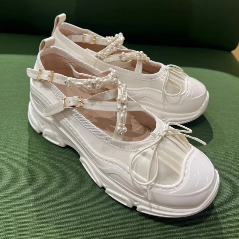Women Pearls Buckle Mary Jane Shoes Thick Bottom Ballet Sneakers Round Toe Anti-slip Lightweight Loafers Zapatillas De Mujer 250305