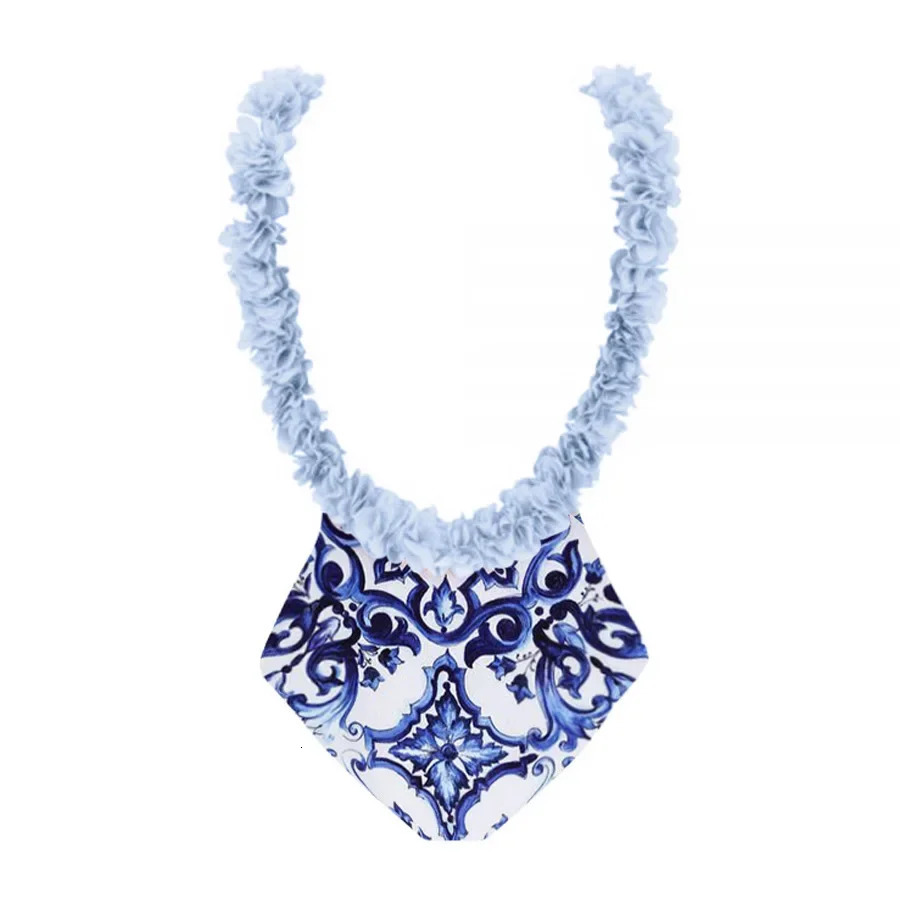 Retro One Piece Swimsuit Backless Applique Blue and White Porcelain Printed Pwimsuit Suit Women 250306