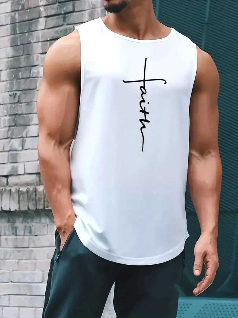 Summer Simple Letter Print Mens Round Neck Tank Top Gym Fitness Training Sports Vest Plus Size Man Sleeveless Shirt Casual TeesT250318