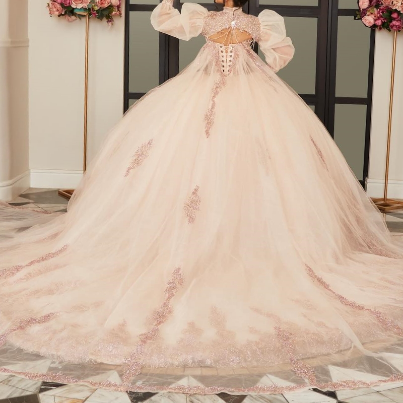 Champagne Shiny Quinceanera Dress Applique Lace Beads Tull With Cape Princess Ball Gown Sweet 16 Vestidos 15 De XV Anos Party Gown