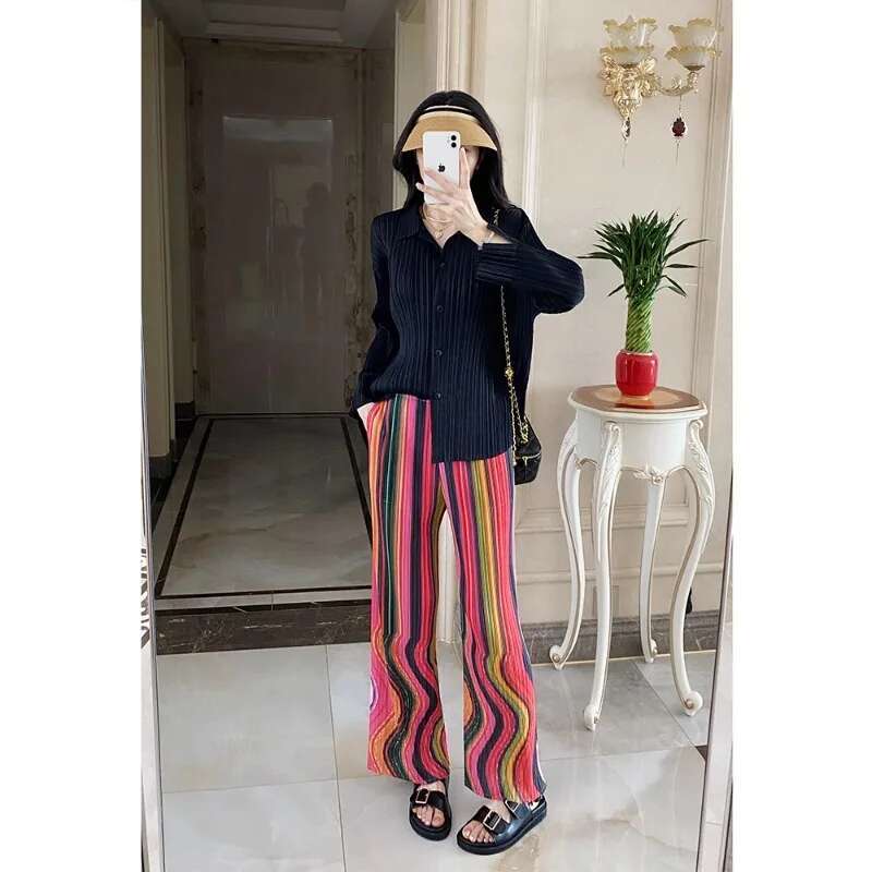 GGHK Pleated Women Casual Straight Leg Striped Printed Design Loose Stretch Fashion Hundred Female Pants 2025 Spring New