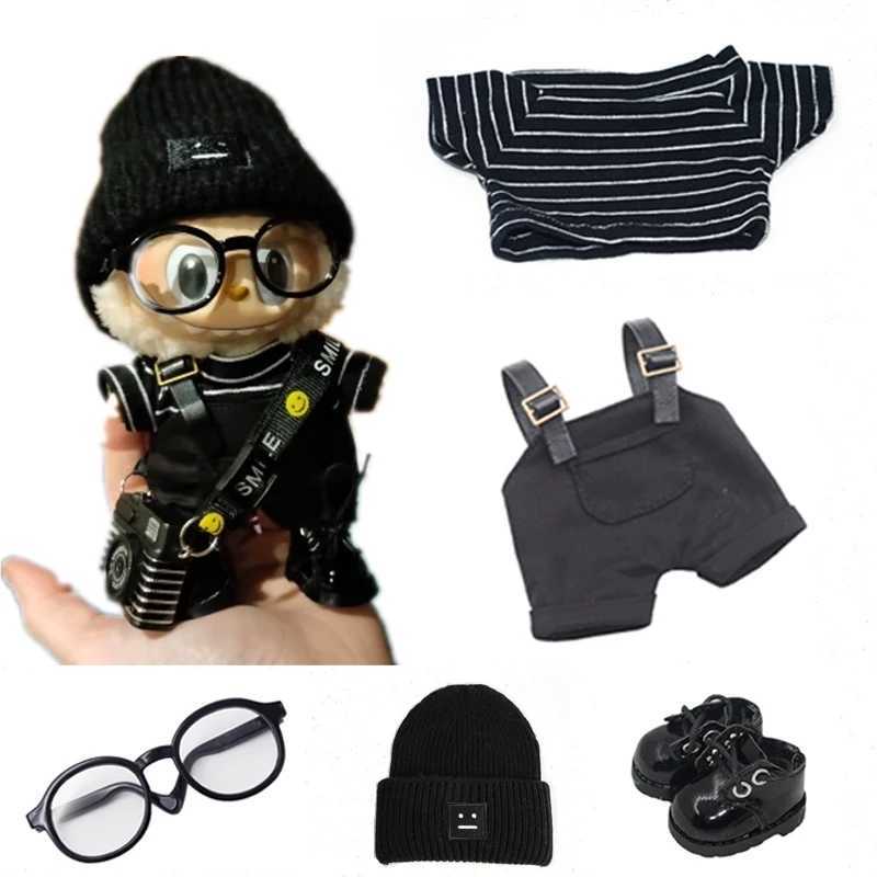 17cm Mini DollS Clothes Outfit Accessories For Labubu V1 V2 Striped overalls hats glasses shoes Cool handsome Clothing GiftT250307