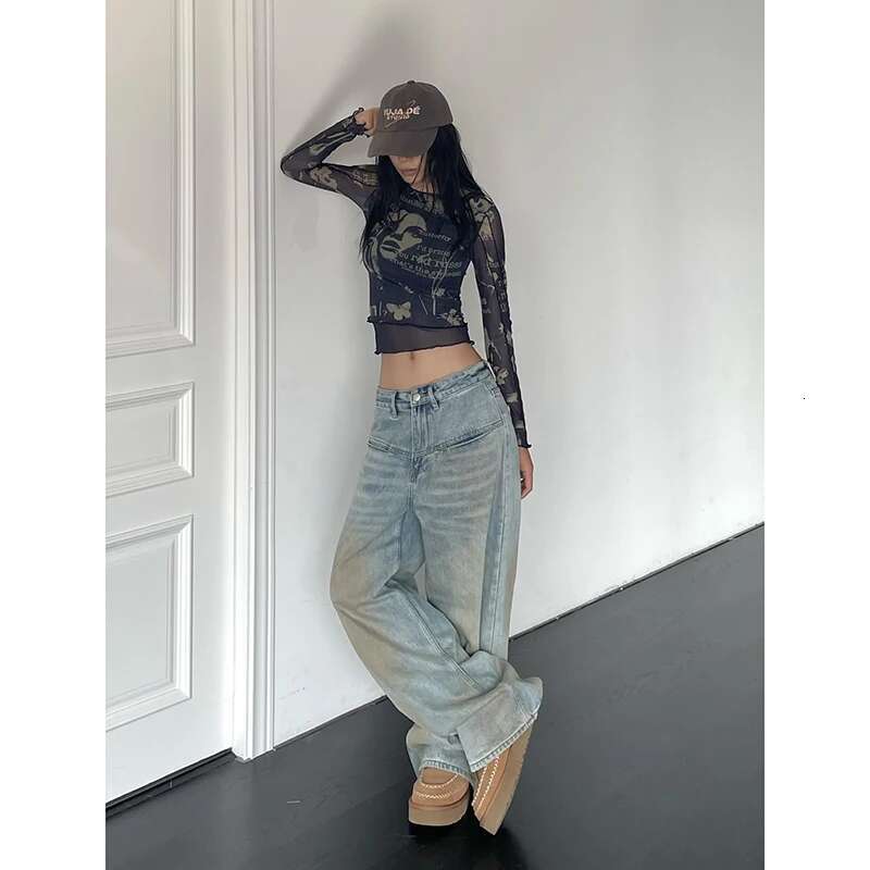 Women's American Vintage Y2k Washed Thin Jeans Street Casual Neutral Style Blue Denim Trousers Female High Waist Straight Pants