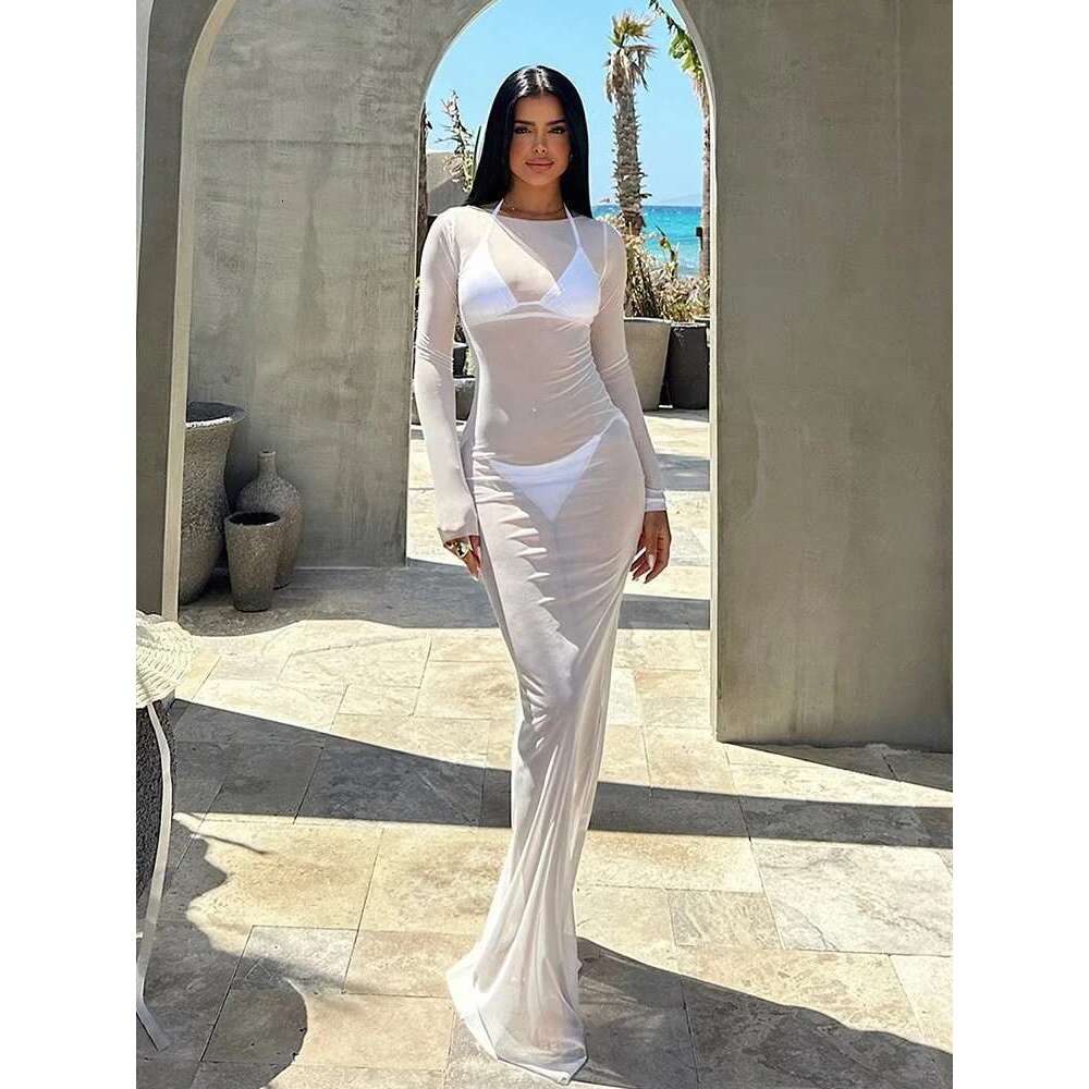Sibybo Sexy See Through Gauze Close Fitting Dress Basics Solid Color Straight Shoulder Long Sleeve Robe Summer Lady Clothes KLMY