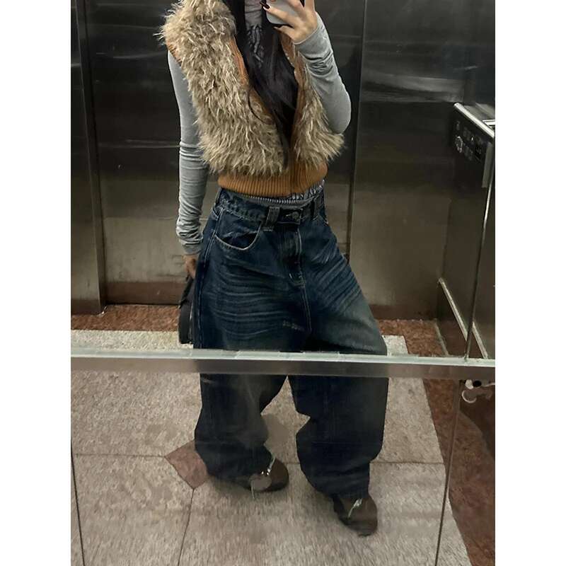 Y2k Style Blue Women Jeans 2024 Vintage Fashion High Waisted Streetwear Wide Leg Jean Female Trouser Hip Hop Baggy Denim Pants