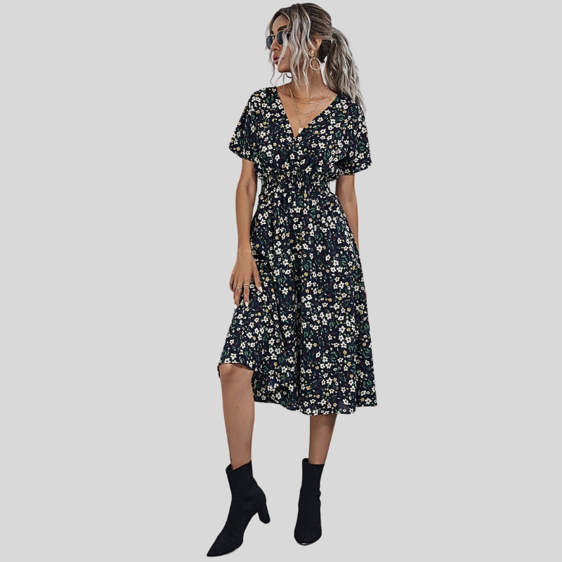 New arrival European and American stylewomen's summer small floral print short-sleeved dress