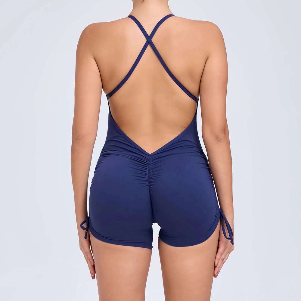 Pad Hollow Sleeveless Yoga Set One Piece Jumpsuits V Neck Sport Gym Ladies Lace Shorts Bodysuits Workout Active Playsuits KLMY
