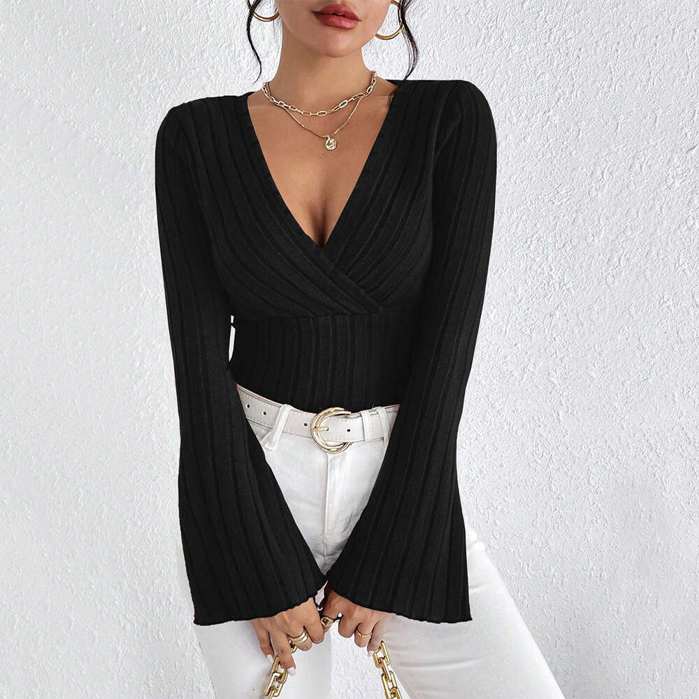 New Women's V-Neck Flare Sleeves Wine Red T-Shirt Autumn/Winter Slim Fit Bottom Top KLMY