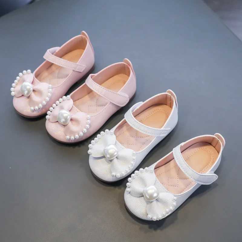Solid Color Bow Simple Casual Pearl Cute Baby Girl Flats New 2024 Hook Loop Little Princess Soft Mary Jane Fashion Kids ShoesT250306