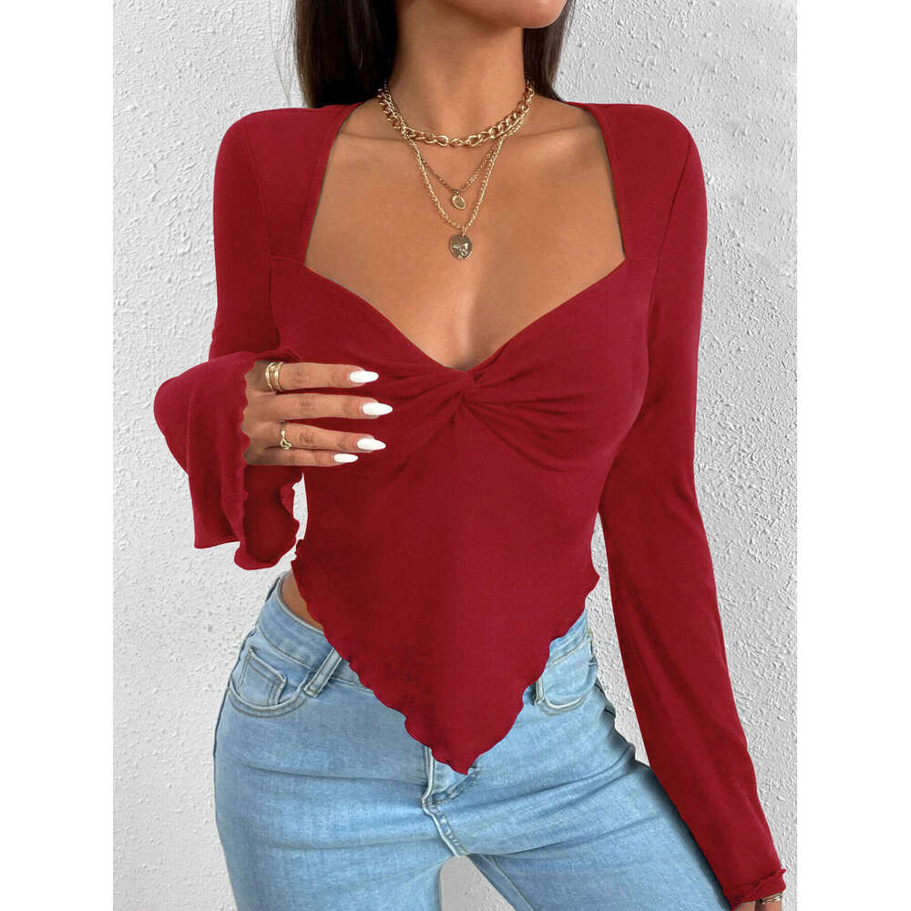 Women's Vacation V-Neck Flare Sleeve Waistband Irregular Knitted Long Sleeved T-Shirt Top KLMY