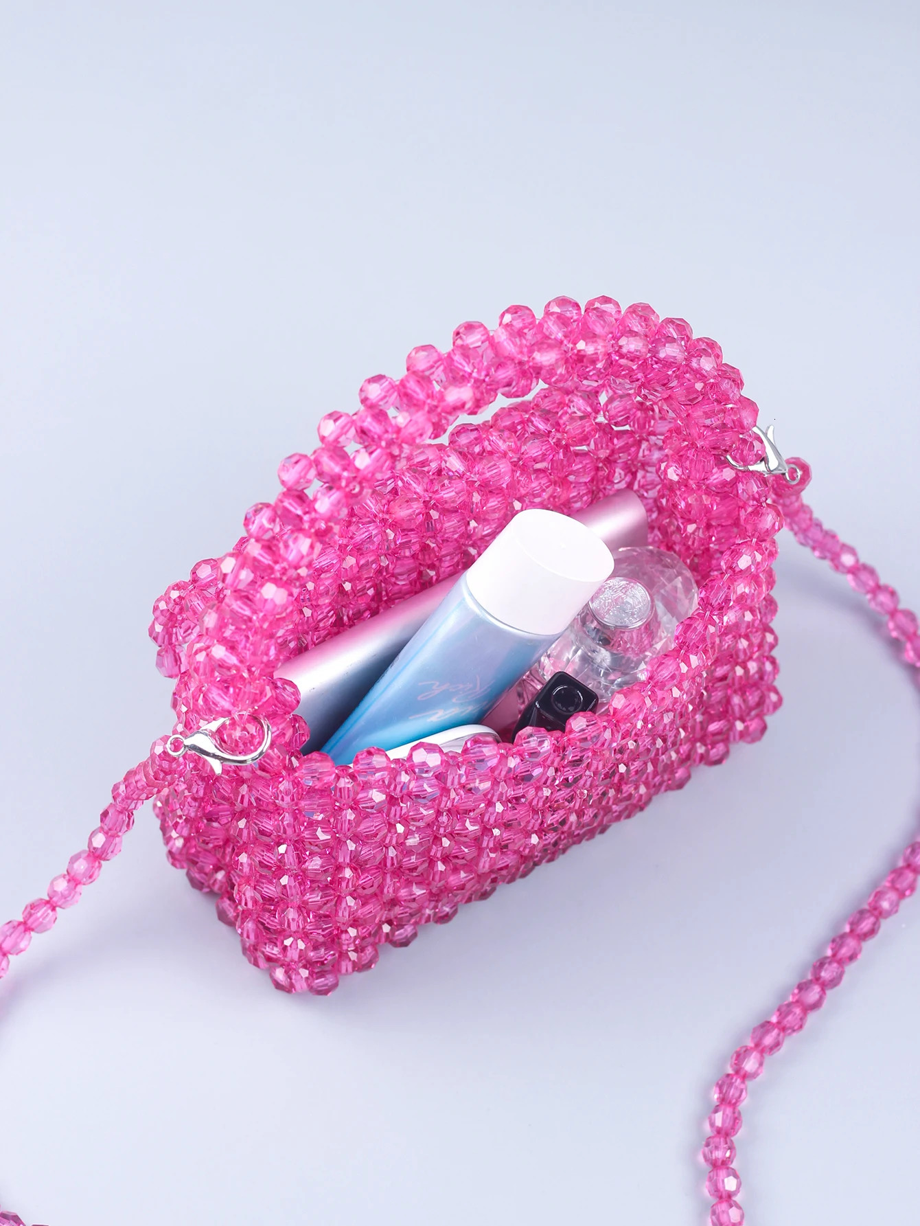 Small and Pure Handmade Beaded Hollow Crystal Beads Knitted Handheld Banquet Candy Color Small Square Bag 250306