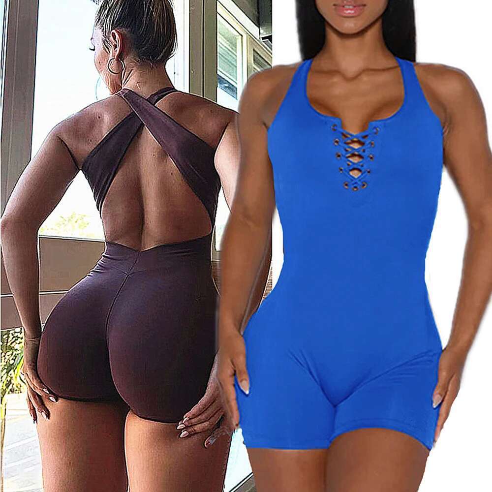 New Lycra Pad Laced Yoga Set Hip Lifting Squat Proof Shorts Sports One Piece Jumpsuit Gym Fiess Bodysuit Active Romper KLMY