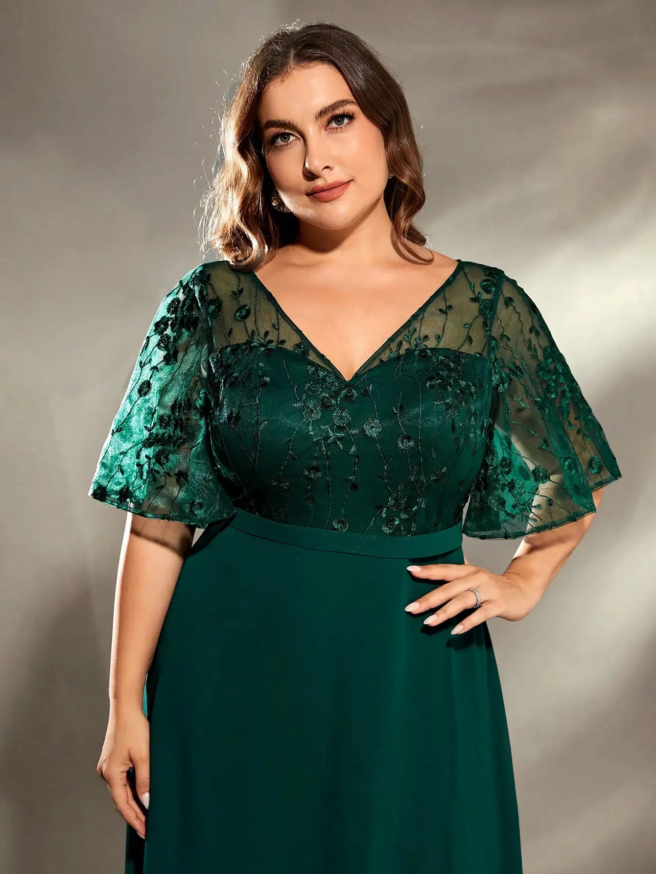 Mgiacy plus size Vneck Seethrough trumpet sleeve embroidered chiffon full skirt Evening gown Ball dress Party 250526