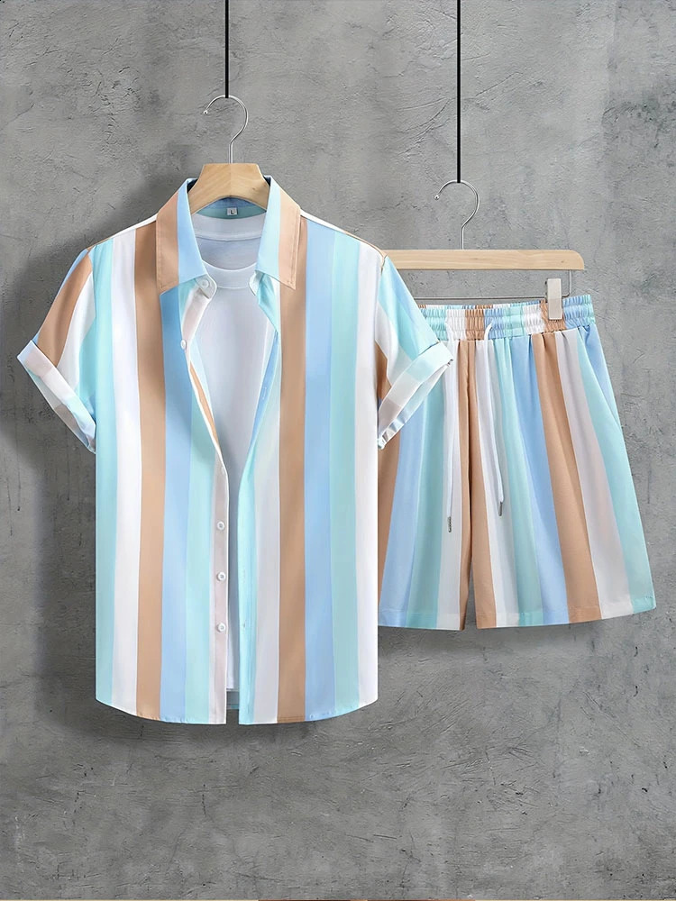 Coconut Tree Print Mens Shirt Gradient Short Sleeve And Beach Shorts Sets Summer Casual Loose Shirts Hawaiian Style Man Outfit 250305