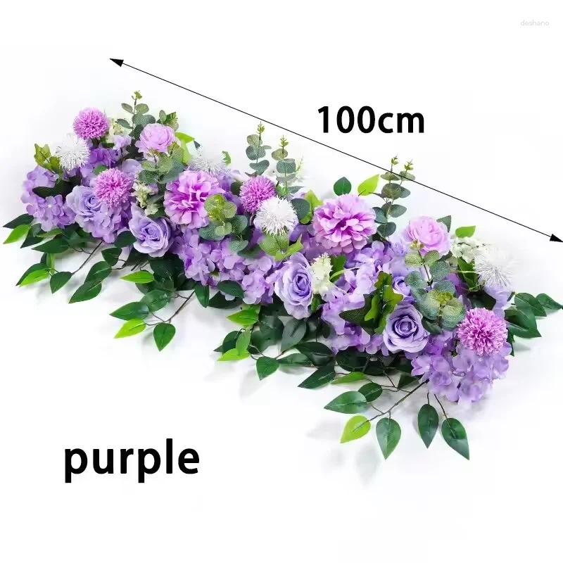 Decorative Flowers 100cm Luxury White Rose Artificial Flower Row Wedding Table Centerpiece Backdrop Wall Arches Decor Party Stage Floral