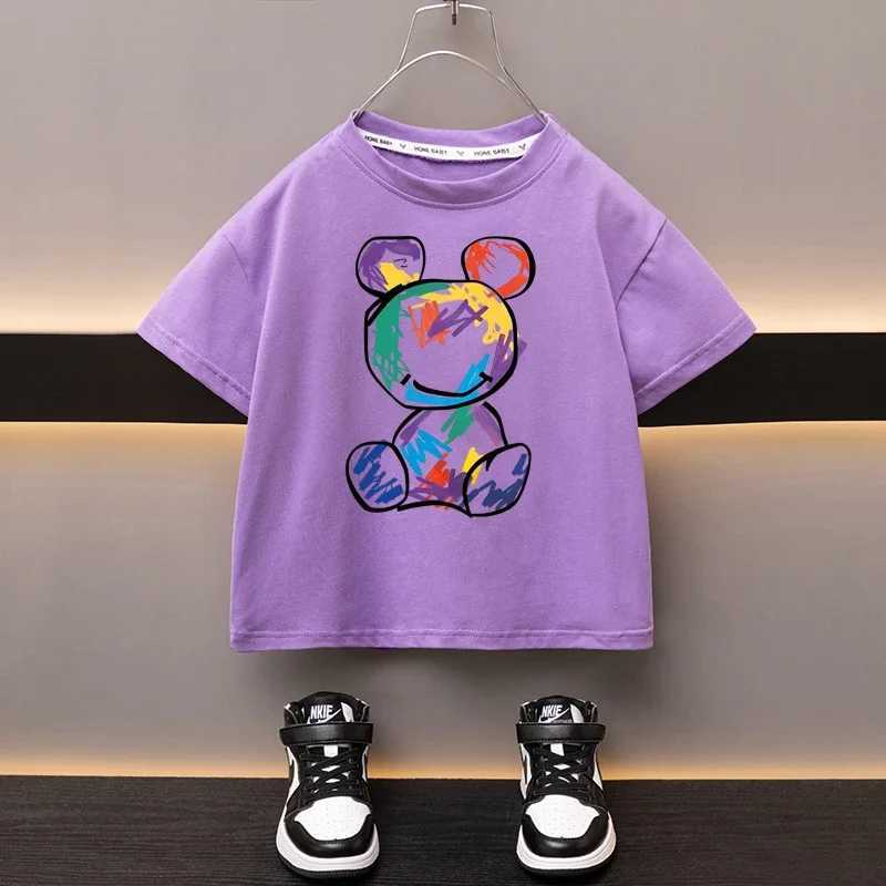 Boys Cotton T-shirt Cartoon Graffiti Bear Printed Girls Tees Summer Short Sleeve Children Tops High Quality Casual Kids ClothesT250306