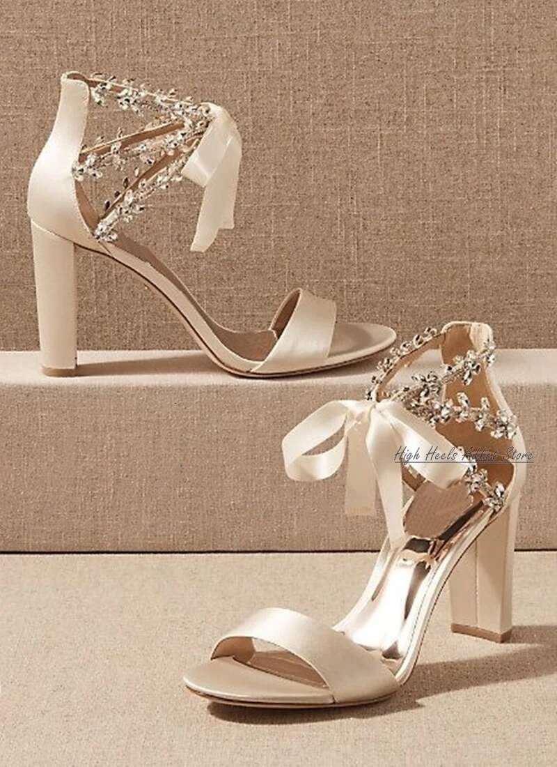 Wedding Crystal Satin Block Heel Sandals Women White Chunky High Heels Lace up Designer Bride Summer Elegant Comfy Shoes 250311