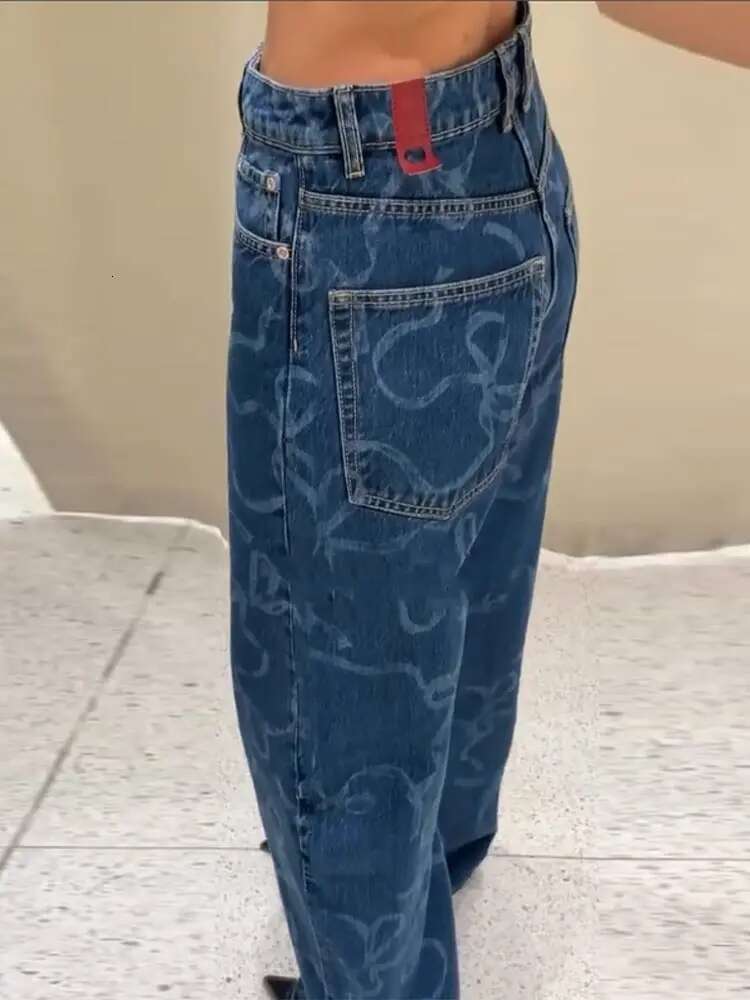 Street Print Panelled Jeans Women Y2k Wide Leg Zippers Button Pocket Female Pants 2025 Spring Summer New Urban Lady Trousers