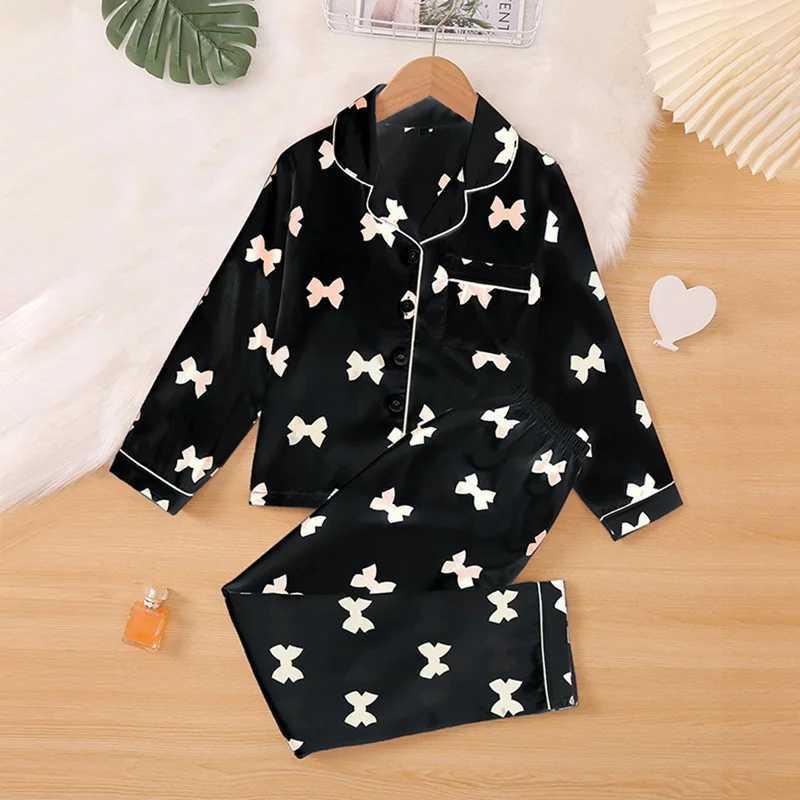 Children Girls Button-Down Silk Pajamas Sets with Short Sleeve Nightwear 2PCS Lounge Sets 6-12 Years M250306