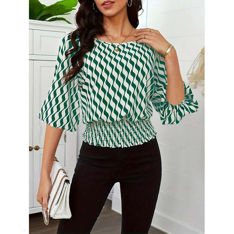 Women's Crew-Neck Print Sweet Little Fresh Seven-Point Sleeve Chiffon Shirt Top Breathable Casual Noble Commuter Dress