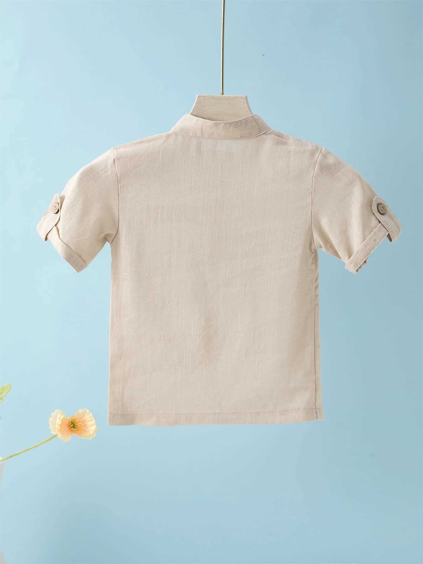 Short Sleeve Polo Shirt for Children Casual Mandarin Collar Solid Color Cotton-Linen Blend Thin SummerT250306