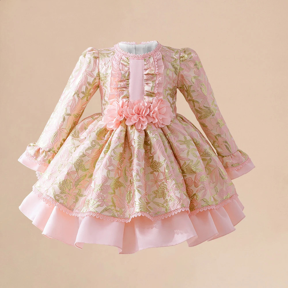 Girl Banquet Flower Dress Toddler Bow 1st Birthday Wedding Party Dress for Kids Lace Long Sleeve Prom Baby Clothes 250305