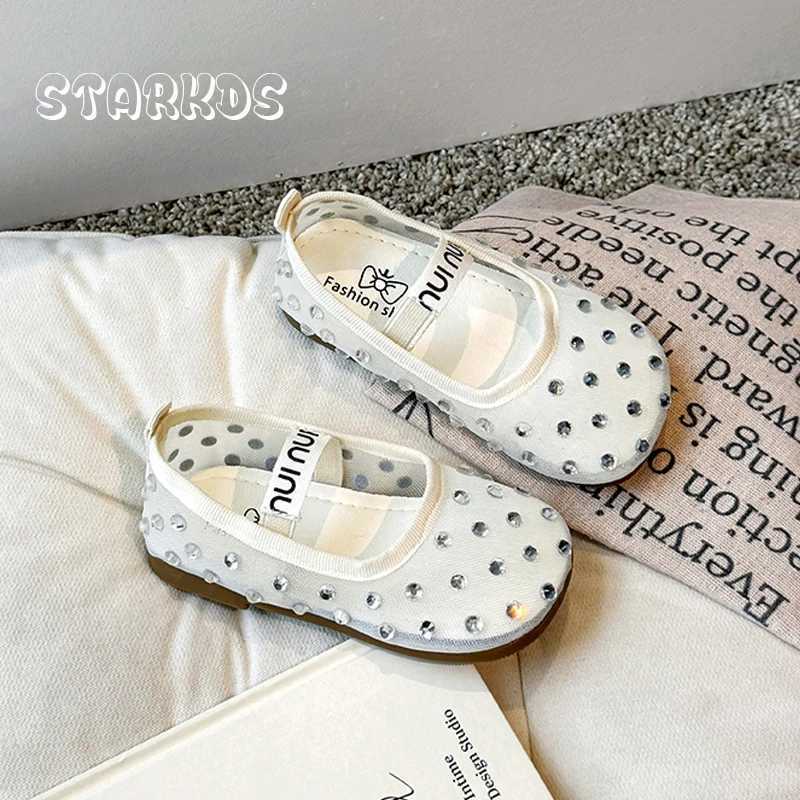Summer Breathable Lace Mesh Ballet Flats Kid Girls Luxury Brand Design Crystal Stud Net Ballerina Shoes Baby Child Bling ZapatosT250306