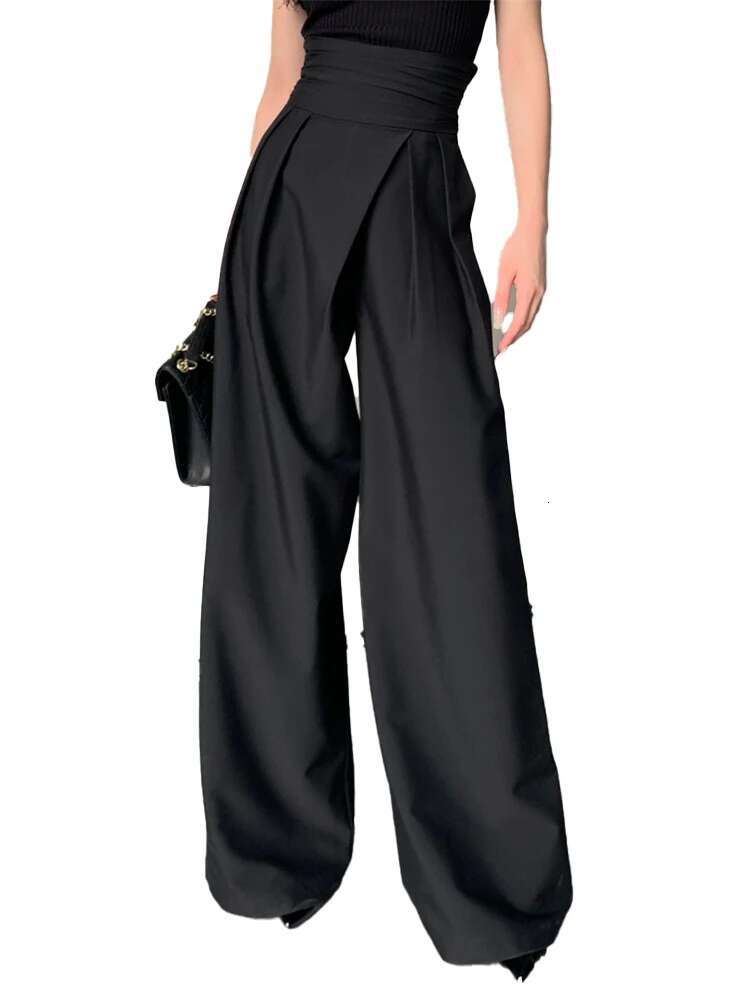 Plusizeshe Spring Autumn Long Soft Black Baggy Wy Wide Leg Pants For Women High Waist Elegant Chic Clothes Trousers