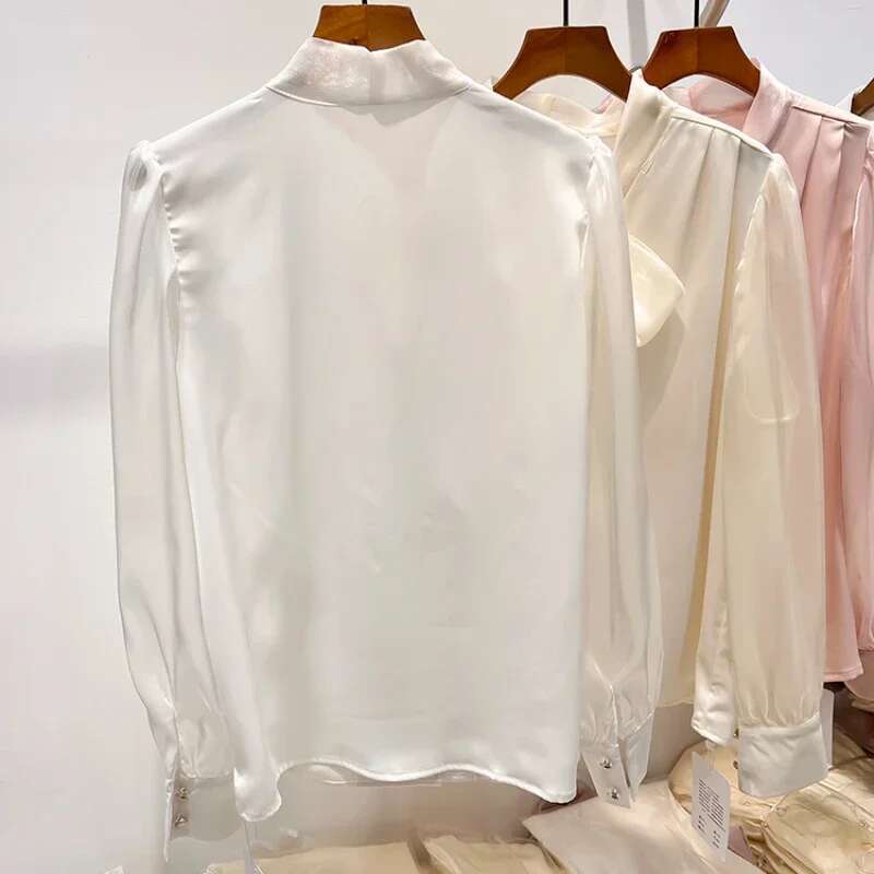 Chiffon Long Sleeve Ribbon Elegant Blouse For Women Korean Fashion Shirts And Blouses 2024 Autumn Women's Clothing